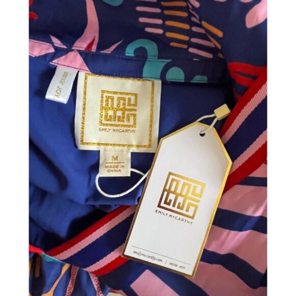 New Emily McCarthy Palmer Dress M Blue Red Print Boho Collared Short Sleeve - Picture 8 of 9